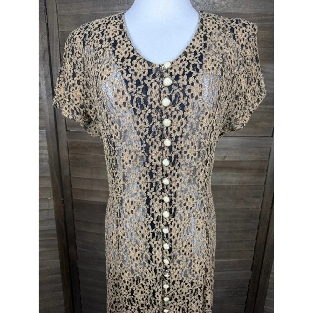 Sheena Los Angeles Women Gold Black Floral Lace Button Front Maxi Dress Back Tie